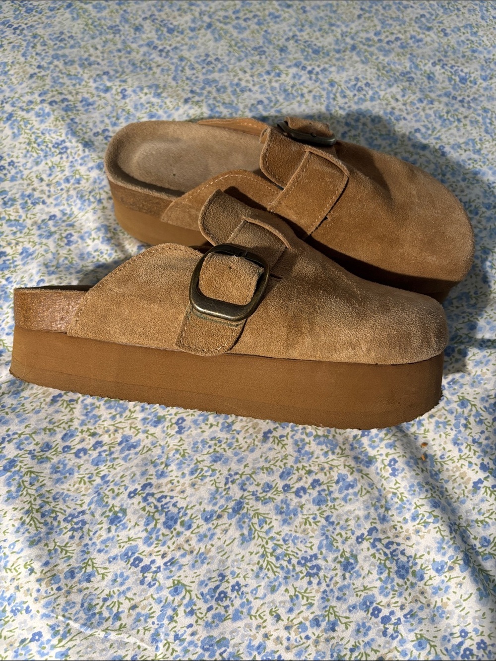 Platform Suede Mule with Buckle in Tan